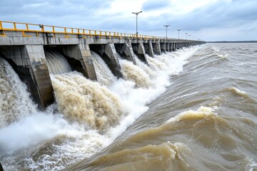 A massive hydroelectric dam releasing a powerful surge of water through its spillways