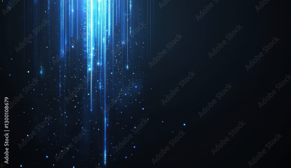 Poster abstract glowing blue vertical lines and sparkling particles on a dark background creating a futuris