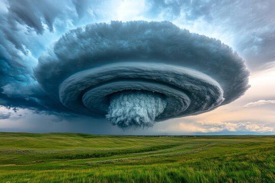 A massive supercell storm forming over an open field, with layers of dark swirling clouds
