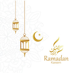 Ramadan Kareem Greeting, Elegant Gold Lanterns, Crescent Moon, Arabic Calligraphy, and Subtle Mandala Pattern on a Clean White Background for Islamic Celebration.
