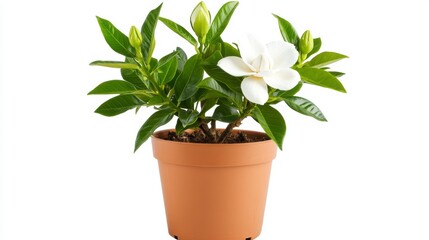 White Gardenia in Terracotta Pot Against White Background