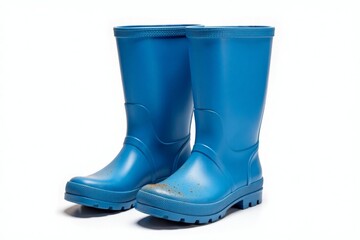 Bright blue rubber boots, front view, isolated on white.
