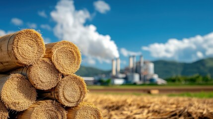 Stacked Bundles of Sugarcane in Front of a Modern Factory
