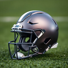 Fototapeta premium Modern football helmet resting on lush green field