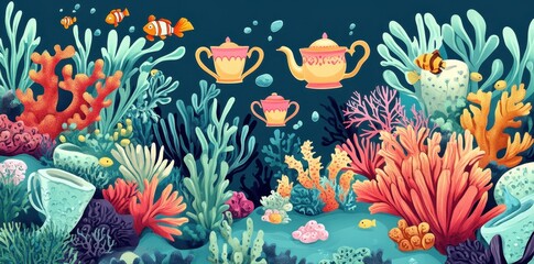 Fototapeta premium An underwater scene features coral teaware and colorful fish