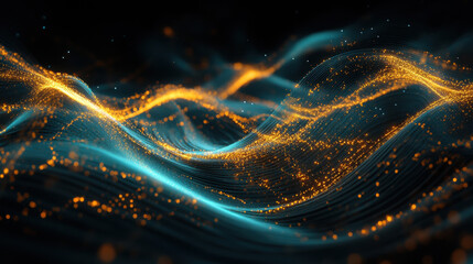 Dynamic waves of light and energy, intricately woven with fine filament-like strands, radiating warm golden and cool teal hues