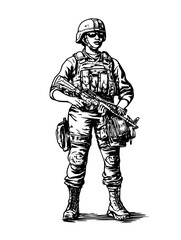 Fototapeta premium Female soldier in combat uniform stands confidently with weapon at the ready in a military setting during daytime