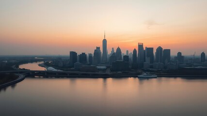 Fototapeta premium Early morning in the city A tranquil drone view with soft sunrise colors and reflections of the skyline in the river