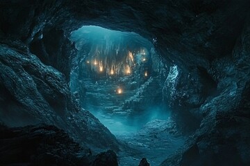 Mysterious Deep Blue Cave Lit by Candles Stalactites and Stone Steps