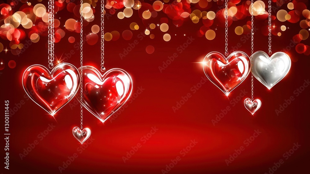Poster romantic red and silver shiny hearts hanging on red bokeh background
