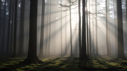  A foggy forest at dawn with soft light shining through the trees and shadows of tall trees stretching across a moss covered