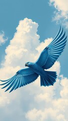  Loro Azul Pintado con T&eacute;cnica &Oacute;leo con Textura, Flotando en un Cielo Claro y Nubes Blancas