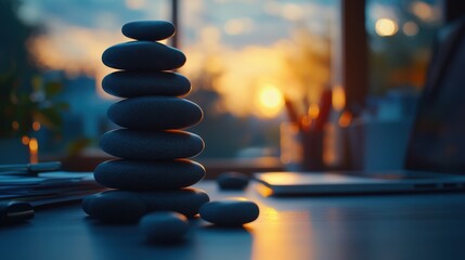 Obraz premium Zen stones towered by glowing lamp cozy room photography calm environment close-up view serenity concept