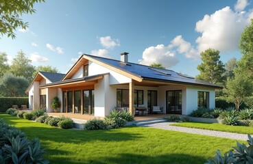 Eco-friendly suburban house with photovoltaic system, landscaped yard. Modern passive design home. Sustainable architecture with green energy solar panels. Residential property boasts contemporary