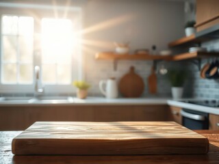  Wood Tabletop with Sunlight Through Window, Softly Blurred Kitchen Counter in the Background for Display Use