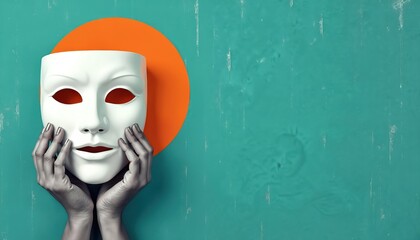Modern artistic collage. Woman hands hold white theatrical mask against a turquoise background with orange circle. Perfect for theater, acting, drama, and performance art. Space for text.