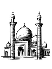 Intricate sketch of a historical mosque showcasing stunning architecture and design details at dusk