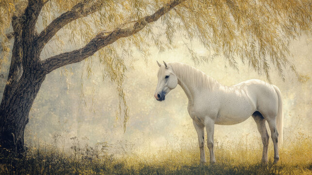 A serene white horse standing under a golden willow tree in a peaceful countryside landscape