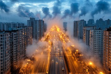 Obraz premium A night scene of a metropolis glowing with streetlights, yet covered in nitrogen oxide smog