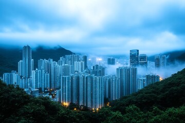 Fototapeta premium A night scene of a metropolis glowing with streetlights, yet covered in nitrogen oxide smog