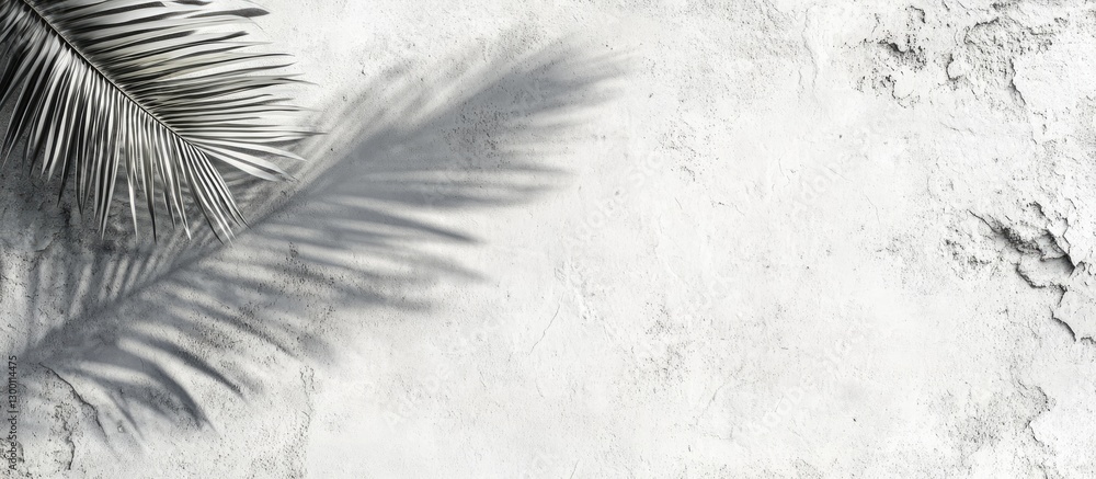 Fototapete Palm leaf shadow cast on a textured white cement wall background creating a serene atmosphere with ample copy space on the right side.