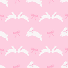 Seamless Coquette Bunny Pattern – Pink Pastel Easter Background with Bows