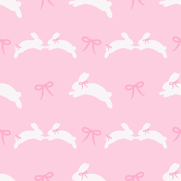 Seamless Coquette Bunny Pattern &ndash; Pink Pastel Easter Background with Bows