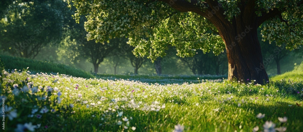 Poster vibrant spring meadow featuring a large lush green tree in the foreground with blooming wildflowers 