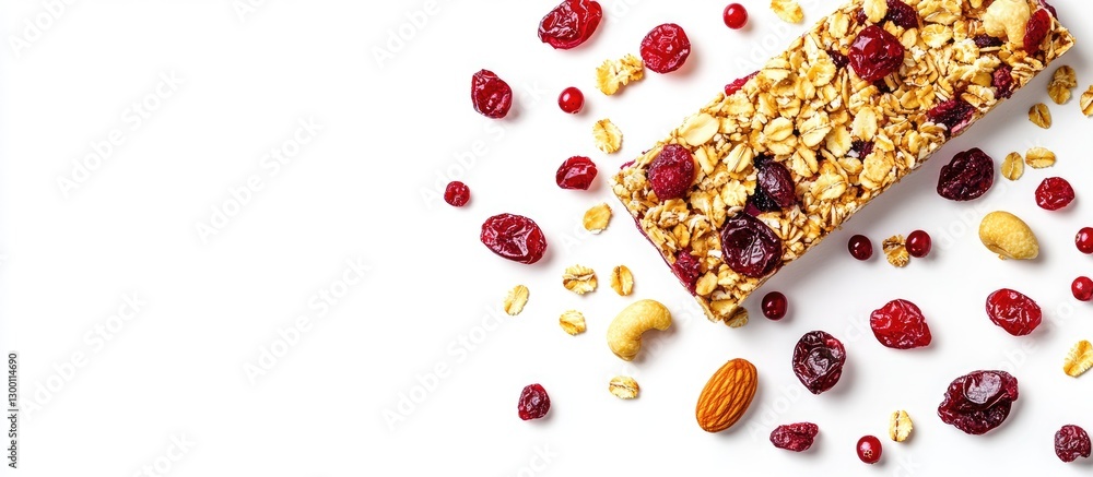 Aufkleber top view of a granola energy bar with a blend of nuts and dried cranberries on a white background, w