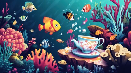 Colorful cartoon fish swim around coral reef near tea set