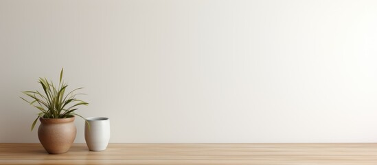Minimalist living room with a blurred background featuring a wooden table, a green potted plant on the left, and an empty space for copy on the right.