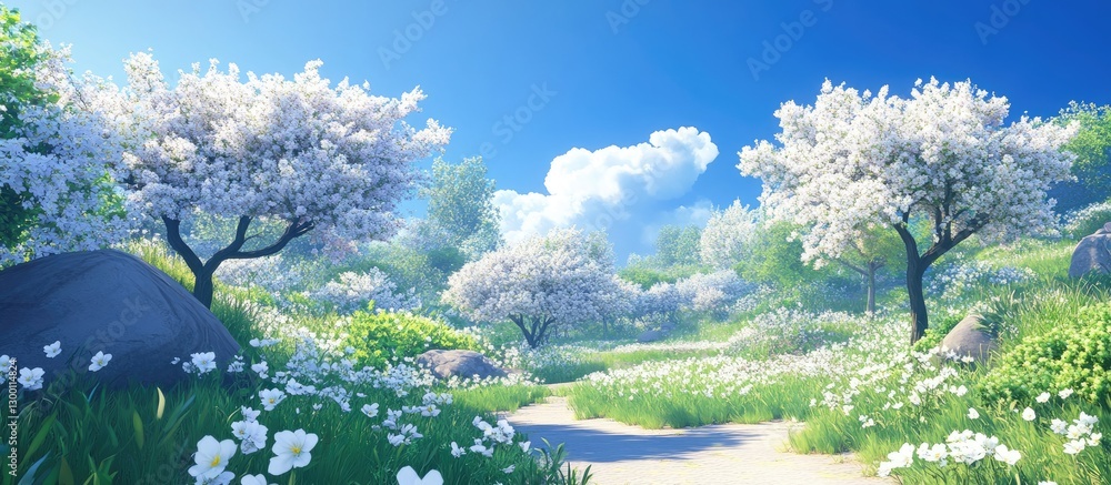 Poster blooming white-flowered trees in a vibrant green garden under a clear blue sky with fluffy clouds cr