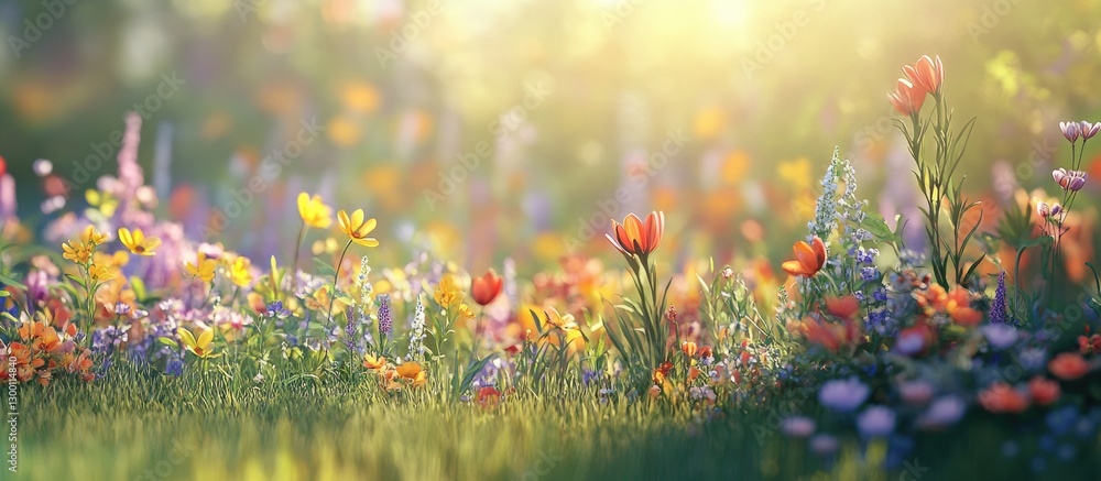 Poster vibrant flower meadow under soft sunlight with a blend of colorful blooms in the foreground and a ge