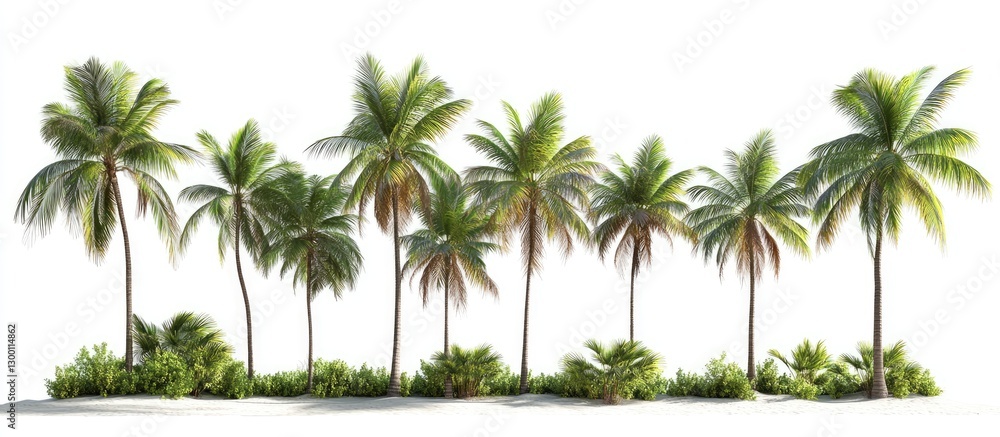 Fototapete lush green palm trees arranged in a row against a white background with varying heights and textures