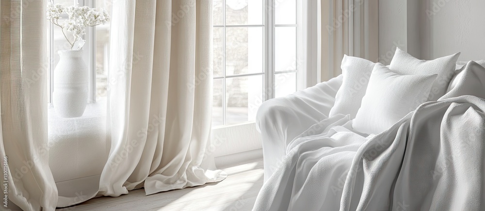 Poster light beige cotton curtains draping elegantly beside a white sofa adorned with soft pillows in a bri