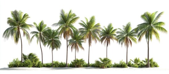 Fototapeta premium Lush green palm trees arranged in a row against a white background with varying heights and textures, ideal for professional design projects.