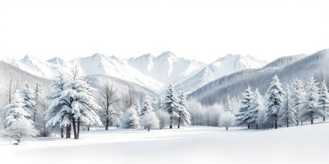 Fototapeta premium Crisp Winter Landscape in Ink Painting with Snow Covered Trees and Mountains