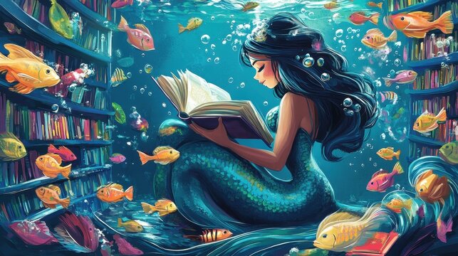 A beautiful mermaid reads inside a wondrous underwater library setting