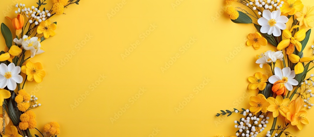 Poster vibrant circular arrangement of spring flowers in yellow and white against a bright yellow backgroun