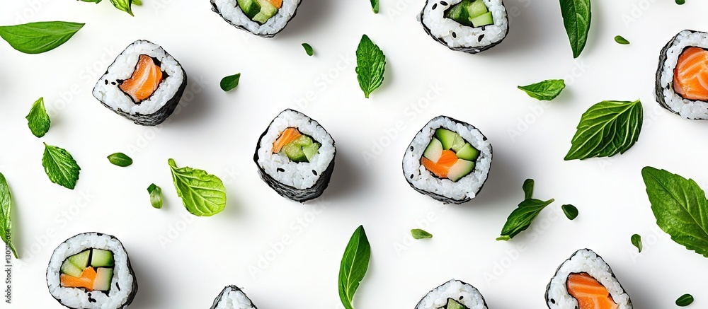 Poster vibrant sushi rolls featuring salmon and cucumber arranged on a clean white background with fresh gr