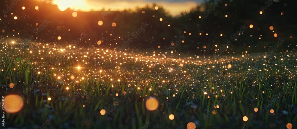 Poster golden sunlight illuminating sparkling dew droplets on lush green grass, creating a magical dawn sce