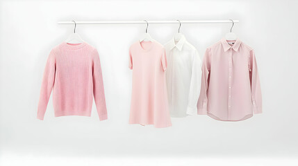 Assortment Of Stylish Clothing Hanging On White Rod In Studio Environment