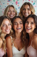 Fototapeta premium Group young pretty girls celebrate bachelorette party. Cheerful women embrace, laugh together. Friendship, fun, joy, excitement, bonding time, festive mood on white studio background with confetti.