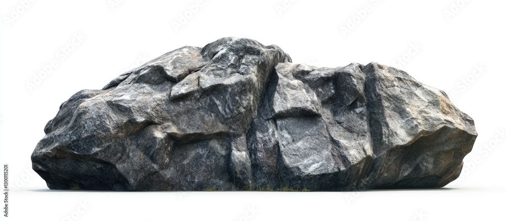 Poster large textured dark gray rocky stone with sharp edges positioned horizontally on a clean white backg