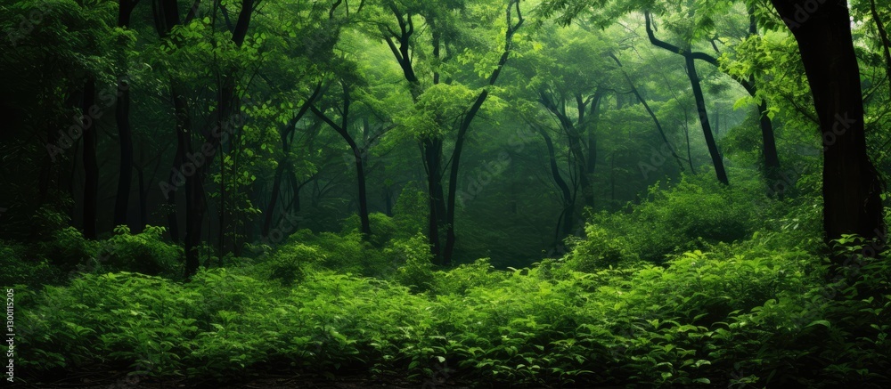 Poster lush green forest filled with dense wild plants and vibrant foliage, creating a serene and tranquil 