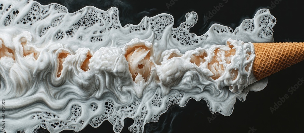 Poster Melting ice cream flows from a textured waffle cone with creamy white swirls against a dark background illustrating temperature effects and texture.