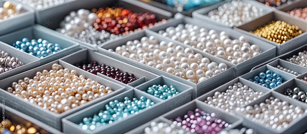 Poster colorful array of neatly organized beads in various shades including whites, blues, and golds in sma