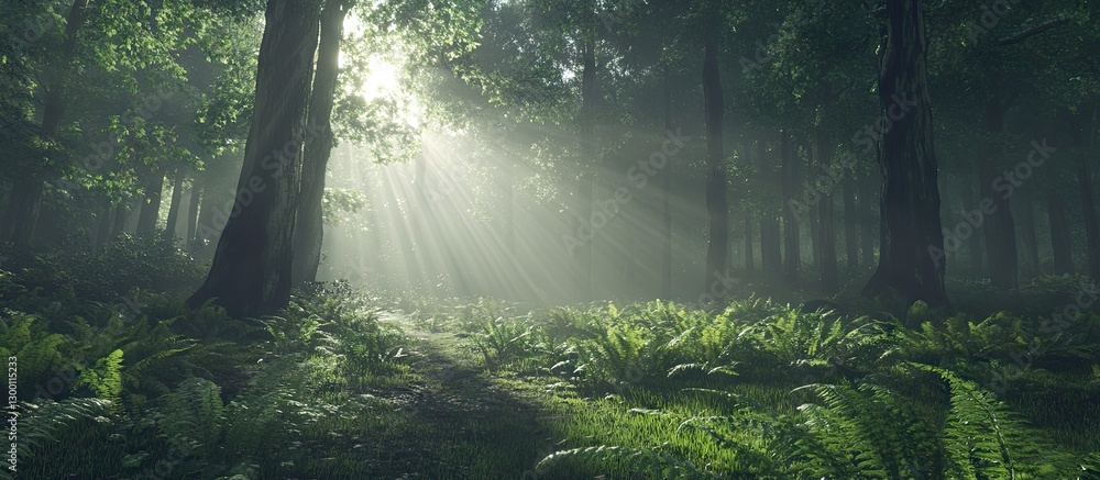Poster sunlight filtering through lush green beech trees illuminating vibrant ferns covering the forest flo