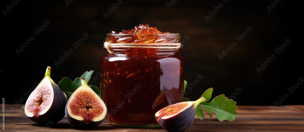 Aufkleber Jar of rich sweet fig jam on a rustic wooden table with sliced figs beside it and dark background creating a warm, inviting atmosphere