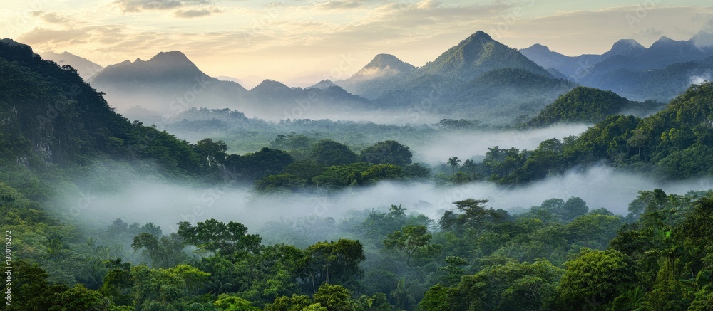 Poster misty mountains rise in the background under soft pastel skies with lush green forests and atmospher